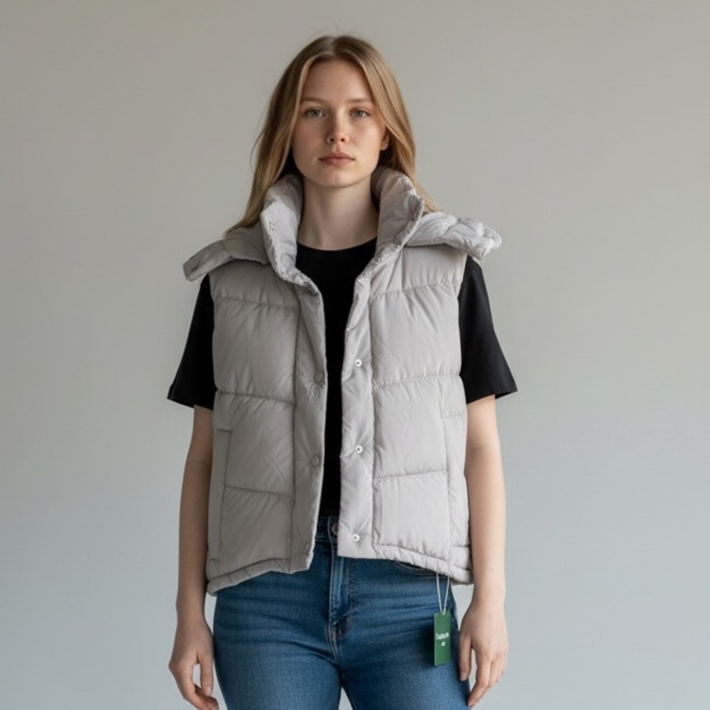 NWT Halara light Grey Puffer Vest High Neck Snap Front Quilted XL Cozy Minimal - Picture 1 of 3